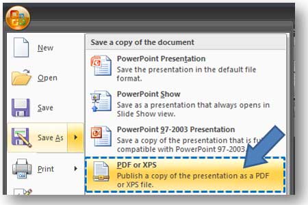 Once you have installed the Save As PDF add-in, you'll be able to save PowerPoint 2007 files as Acrobat PDF documents.