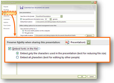 Embed fonts from within the PowerPoint Options window.