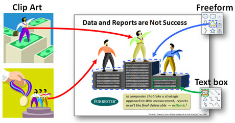 For this slide, I broke apart clip art, drew a podium using the Freeform tool, and added some binary data with a text box. 