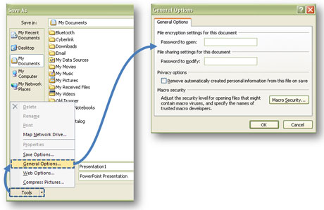 When you save your file, go into the General Options via the Tools button to add passwords to your PowerPoint file