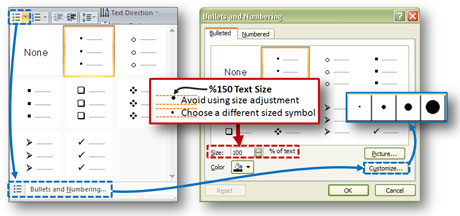 If you need a bigger bullet, customize the bullet point. Do not change the text size as the bullet becomes off-centered.