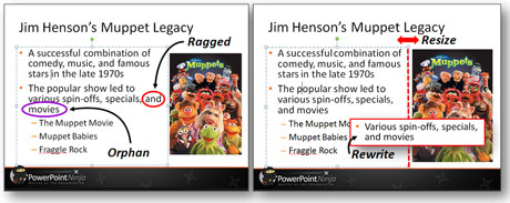 On the left, we have a ragged edge and orphan line. On the right, you can see how adjusting the width of the text box can eliminate the ragged edge or remove an orphan line. Rewriting the line can also fix these problems. 