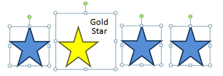 The gold star is a grouped object. The text makes the object larger than the other stars. In order to make this look evening spaced out you'll either need to ungroup the object to distribute the stars or eyeball the spacing. 