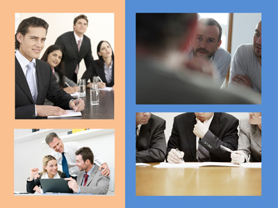 The meeting images on the left feel staged or contrived. The images on the right feel more genuine as though a snapshot was taken at a real meeting.