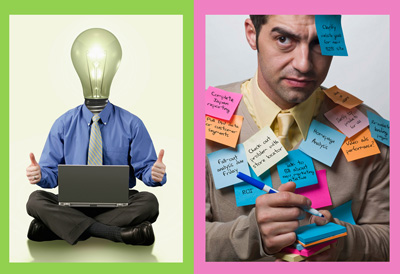 The image on the left comes across as a little tacky. The image on the right exaggerates how we can feel overwhelmed with tasks and projects. 