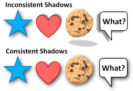 On the top row, the different objects have different shadow effects. The bottom row has a consistent shadow effect. Its subtle, but it makes a difference. (c) Thinkstock